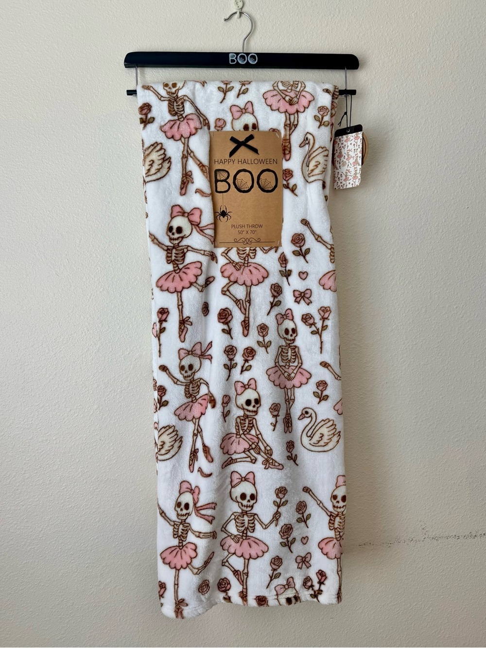 BOO Pink Skeleton Ballerina Plush Throw Blanket